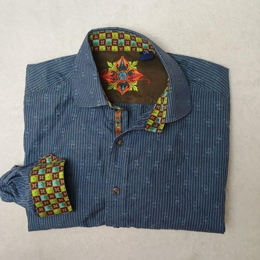 Robert Graham Shirt Mens L Blue Striped Button-Up Embroidered Contrast Trim Work